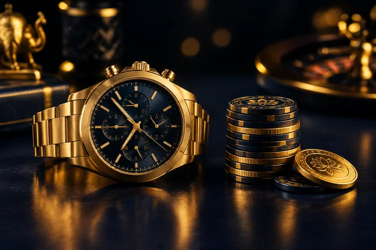 Golden pocket chronograph watch beside stacked casino chips for responsible gaming