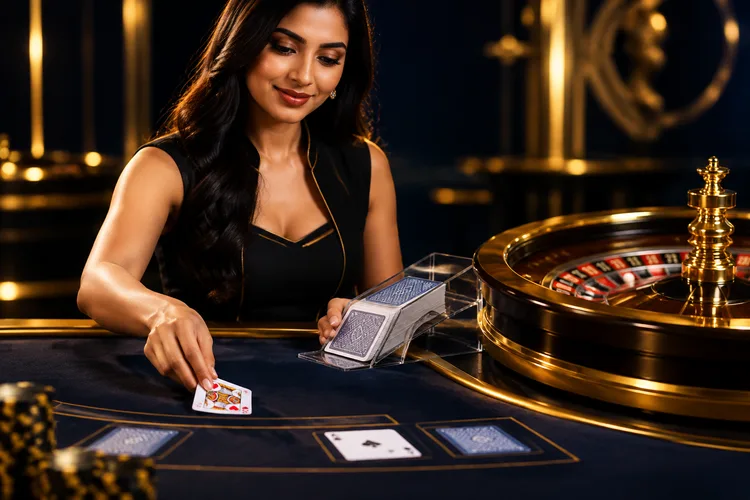 Live casino dealer dealing cards at a luxury VIP studio table in 2026