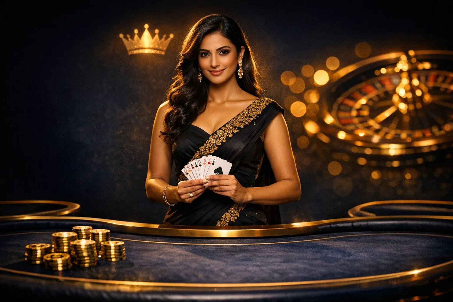 Indian live casino dealer in black and gold gown fanning cards for online casino ID players