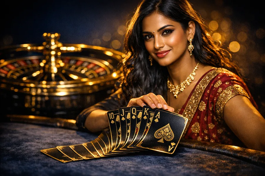 Live casino dealer fanning cards under warm gold studio light
