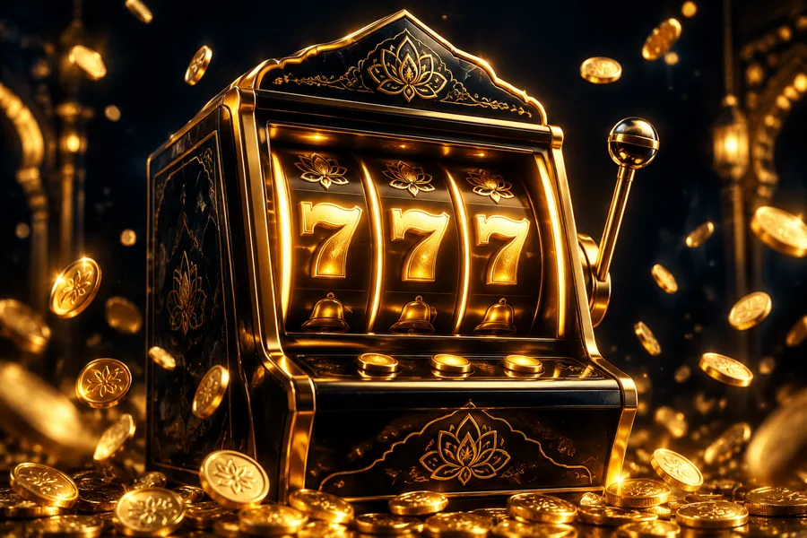 Glowing 777 slot machine with cascading gold coins on casinoid.tips